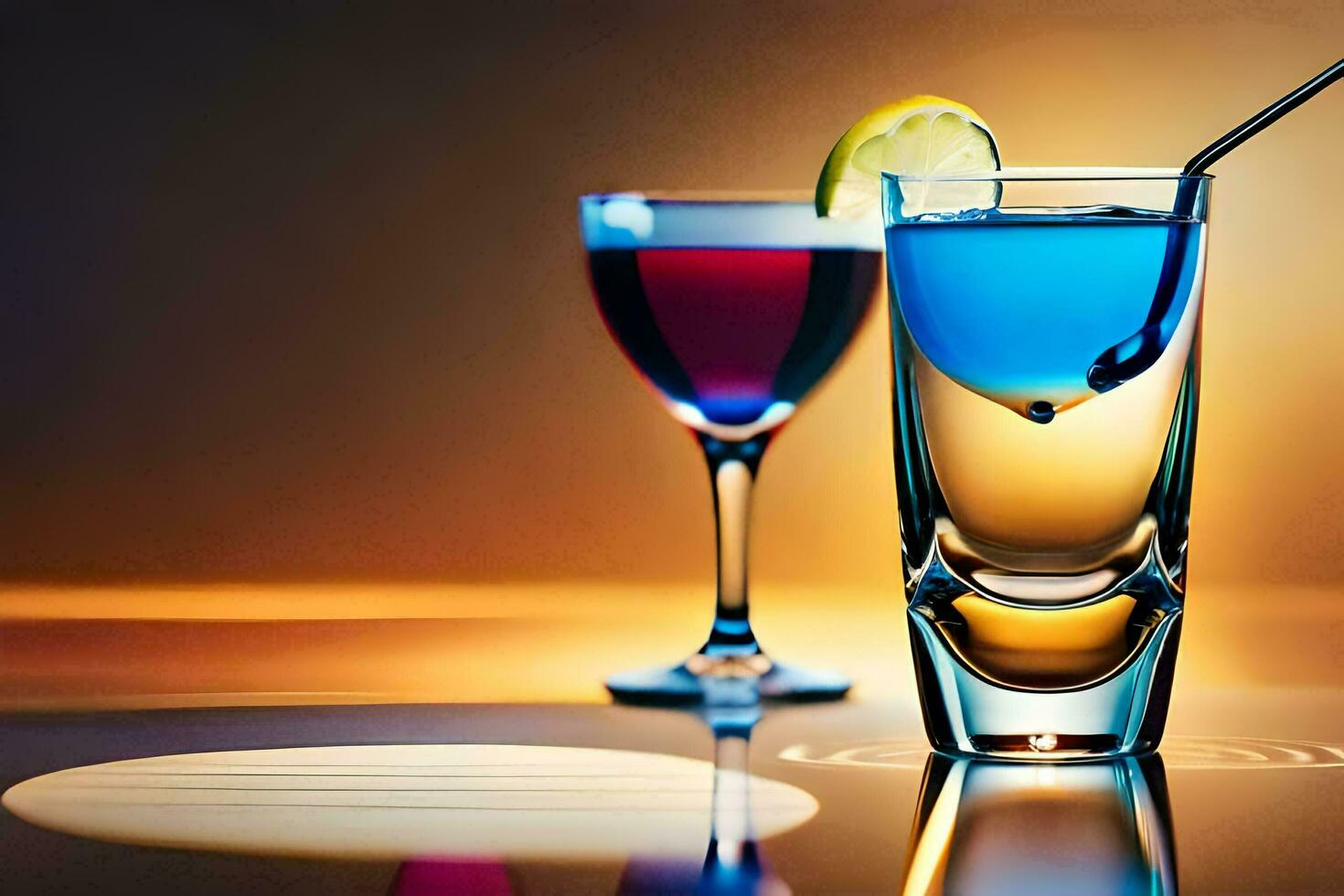 two glasses of colored drinks sit on a table. AI-Generated photo