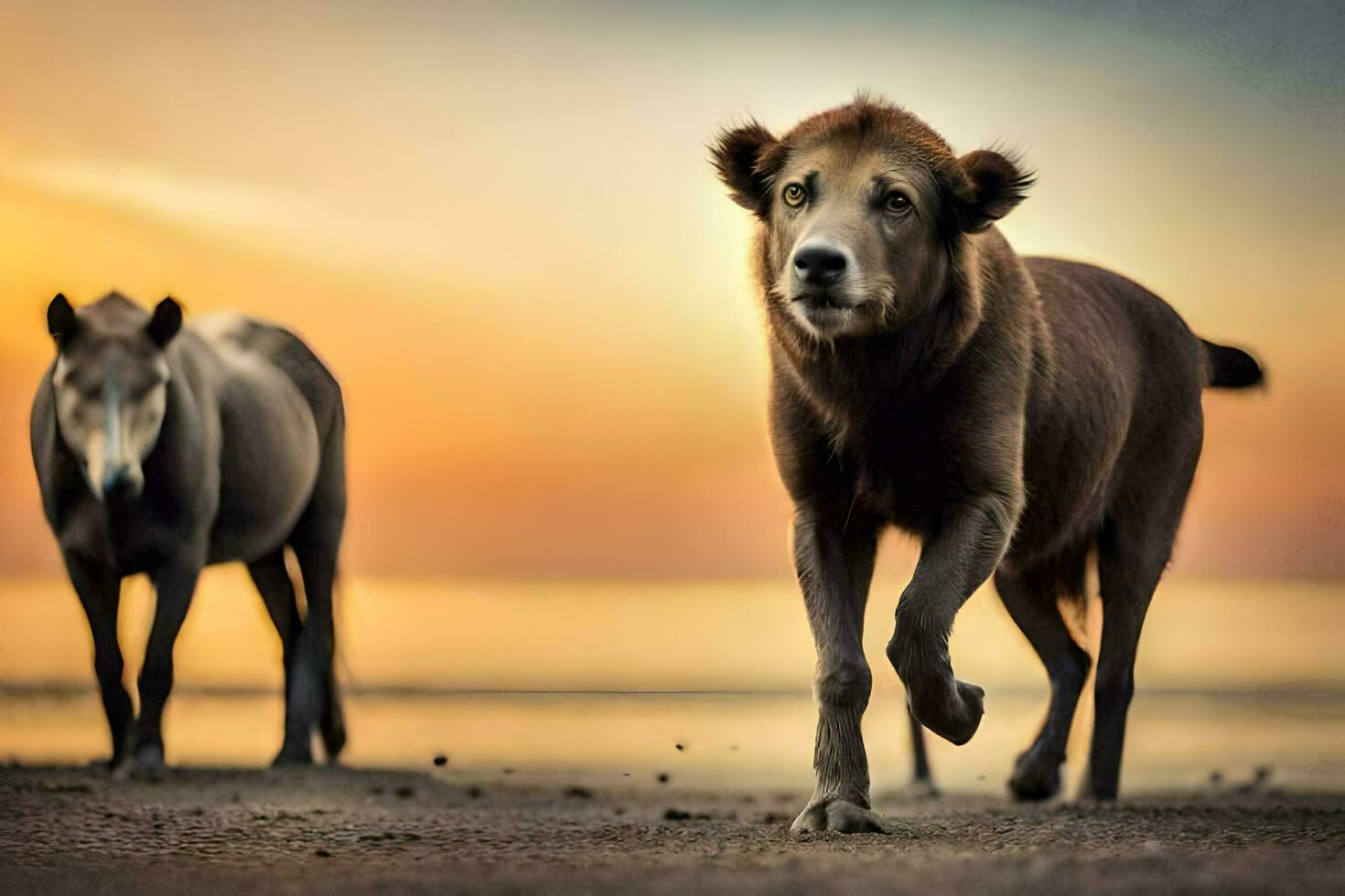 dos caballos y un león caminando en el playa a puesta de sol. generado por ai foto