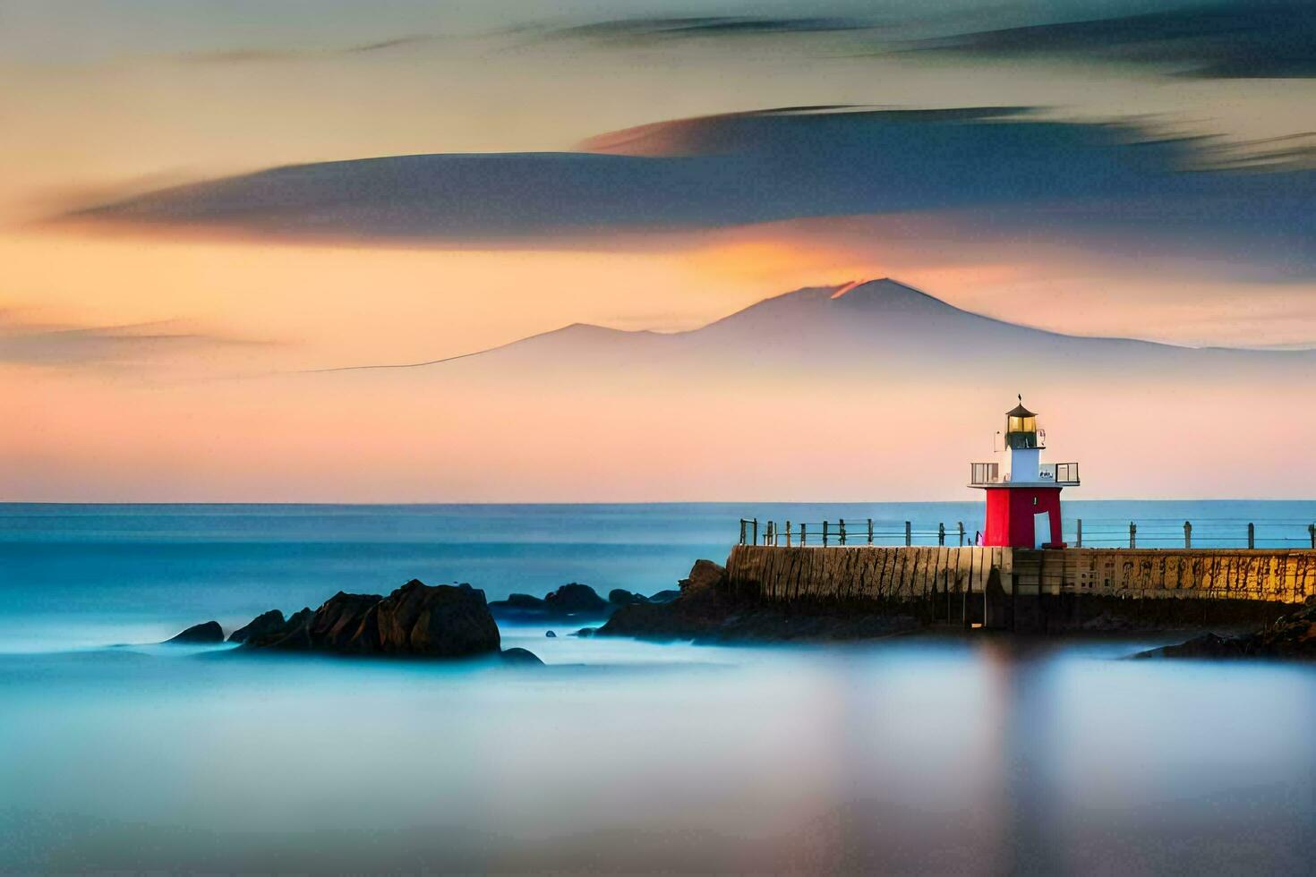 a lighthouse stands on the shore of the ocean with a mountain in the background. AI-Generated photo