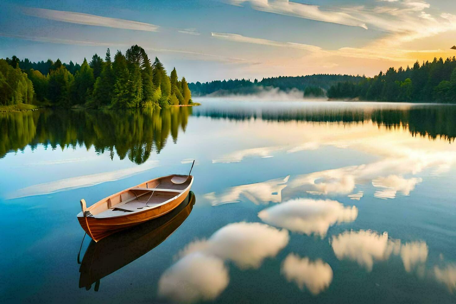 un barco se sienta en el calma agua a puesta de sol. generado por ai foto