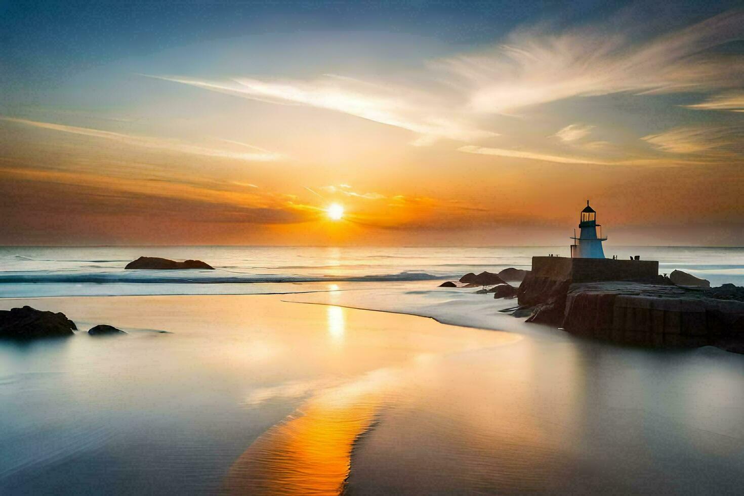 a lighthouse on the beach at sunset. AI-Generated photo