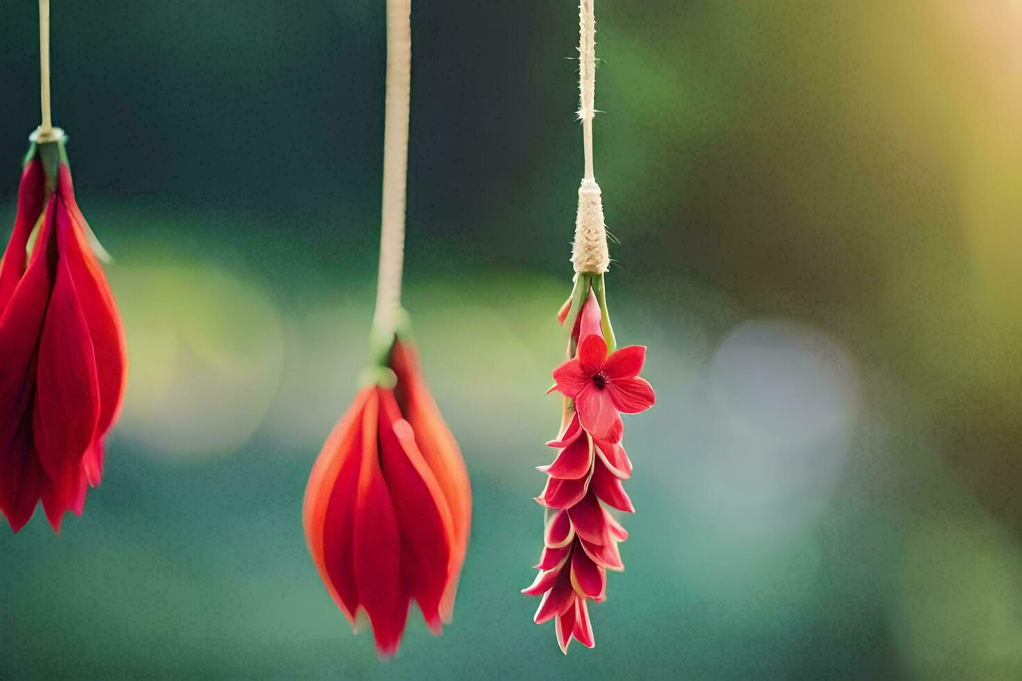 red flowers hanging from strings in the sun. AI-Generated photo