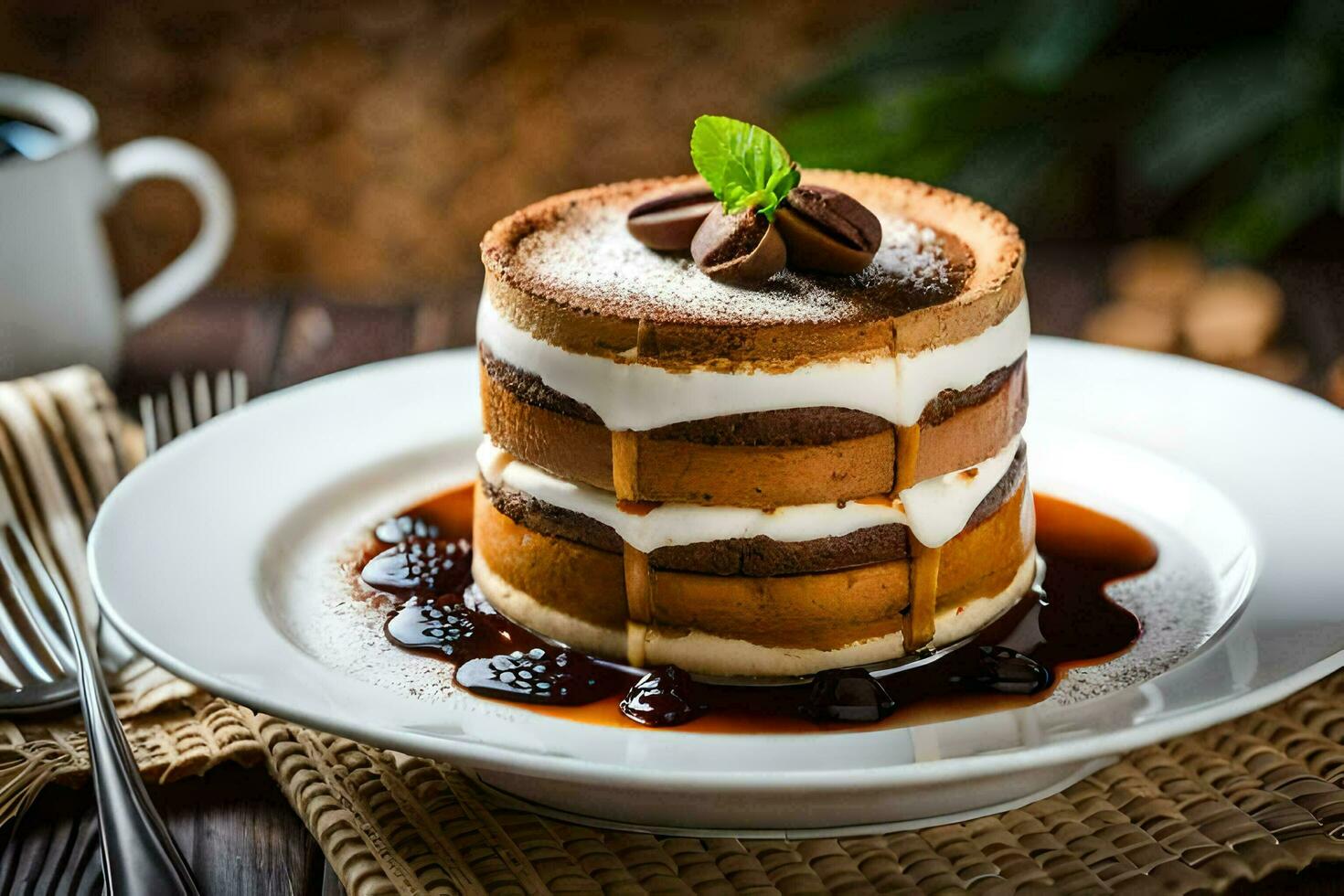 a dessert on a plate with coffee and a fork. AI-Generated photo