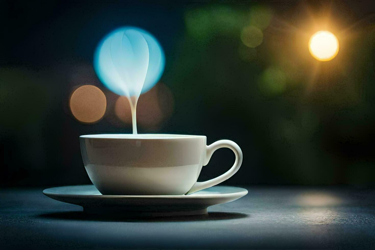 a cup of coffee with a light in the background. AI-Generated photo