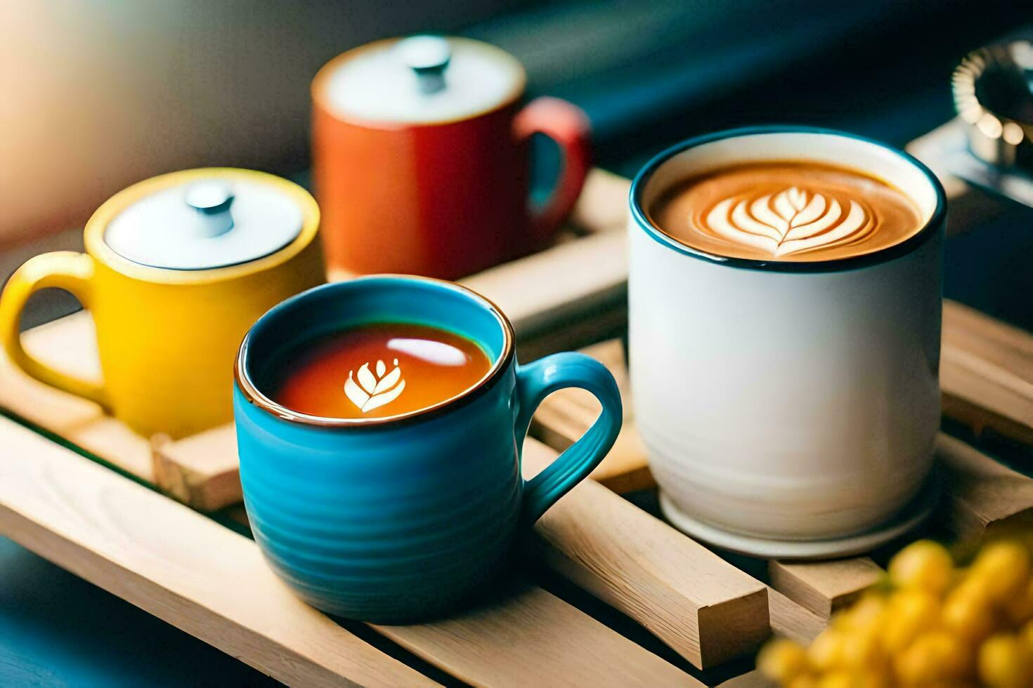 a tray with four different colored coffee mugs. AI-Generated photo