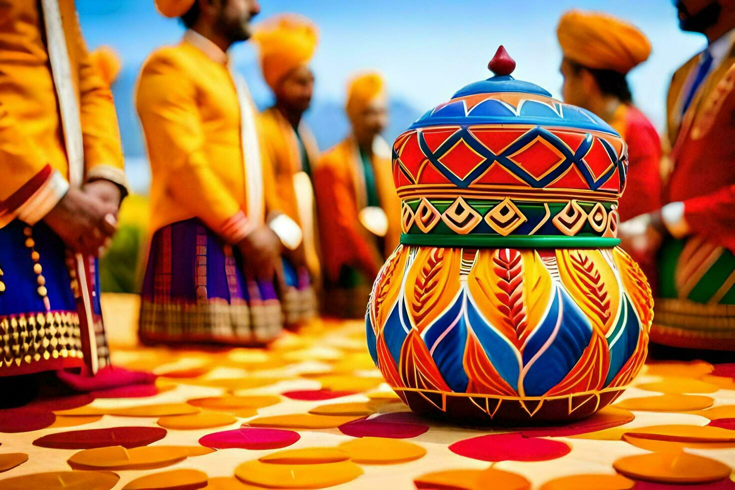 a colorful pot with people in traditional outfits. AI-Generated photo