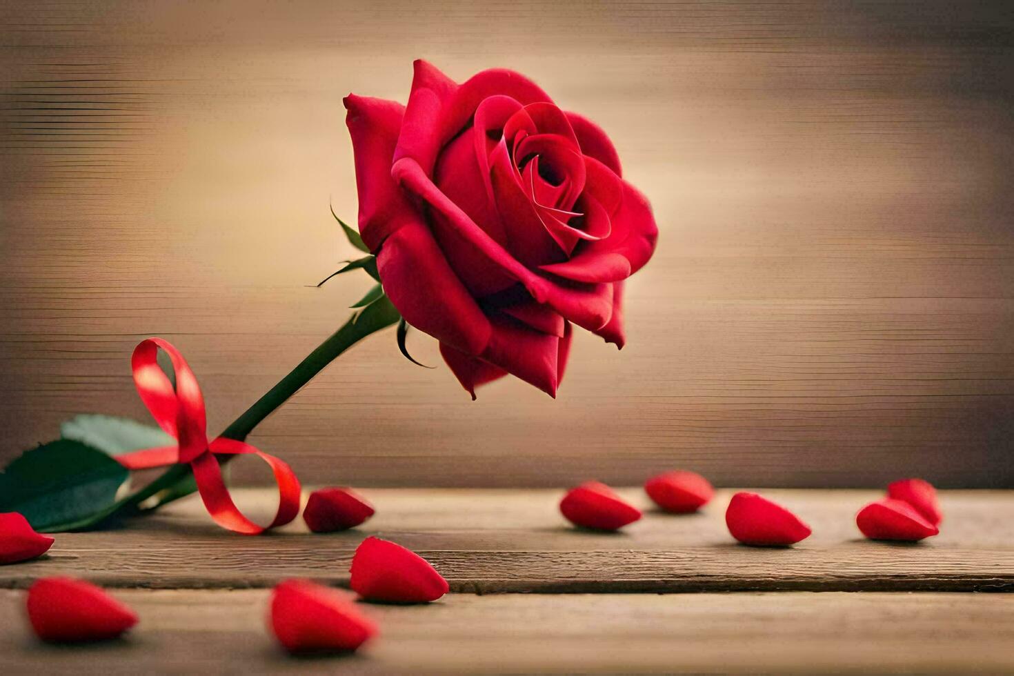 a single red rose on a wooden table with red hearts. AI-Generated photo