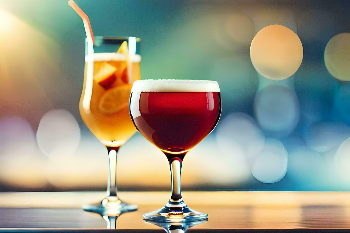 two glasses of alcoholic drinks on a bar. AI-Generated photo