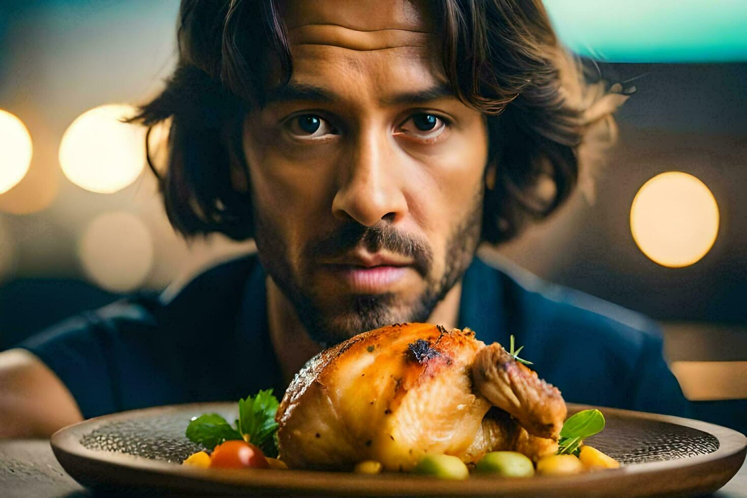 un hombre con largo pelo y un barba es mirando a un plato de alimento. generado por ai foto