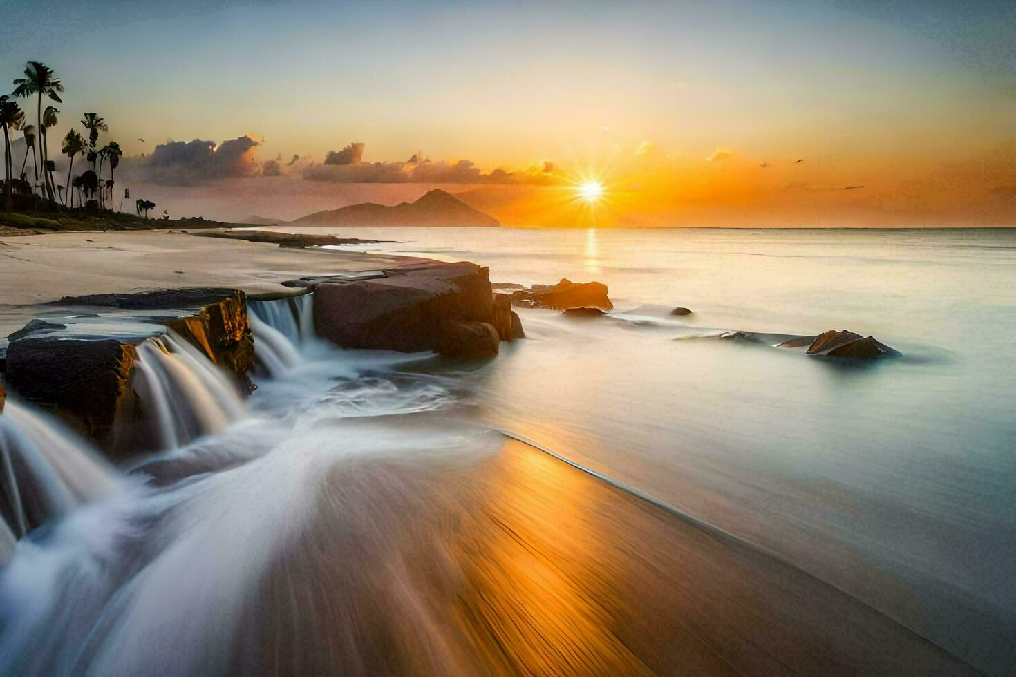 the sun sets over a beach with water flowing over rocks. AI-Generated photo