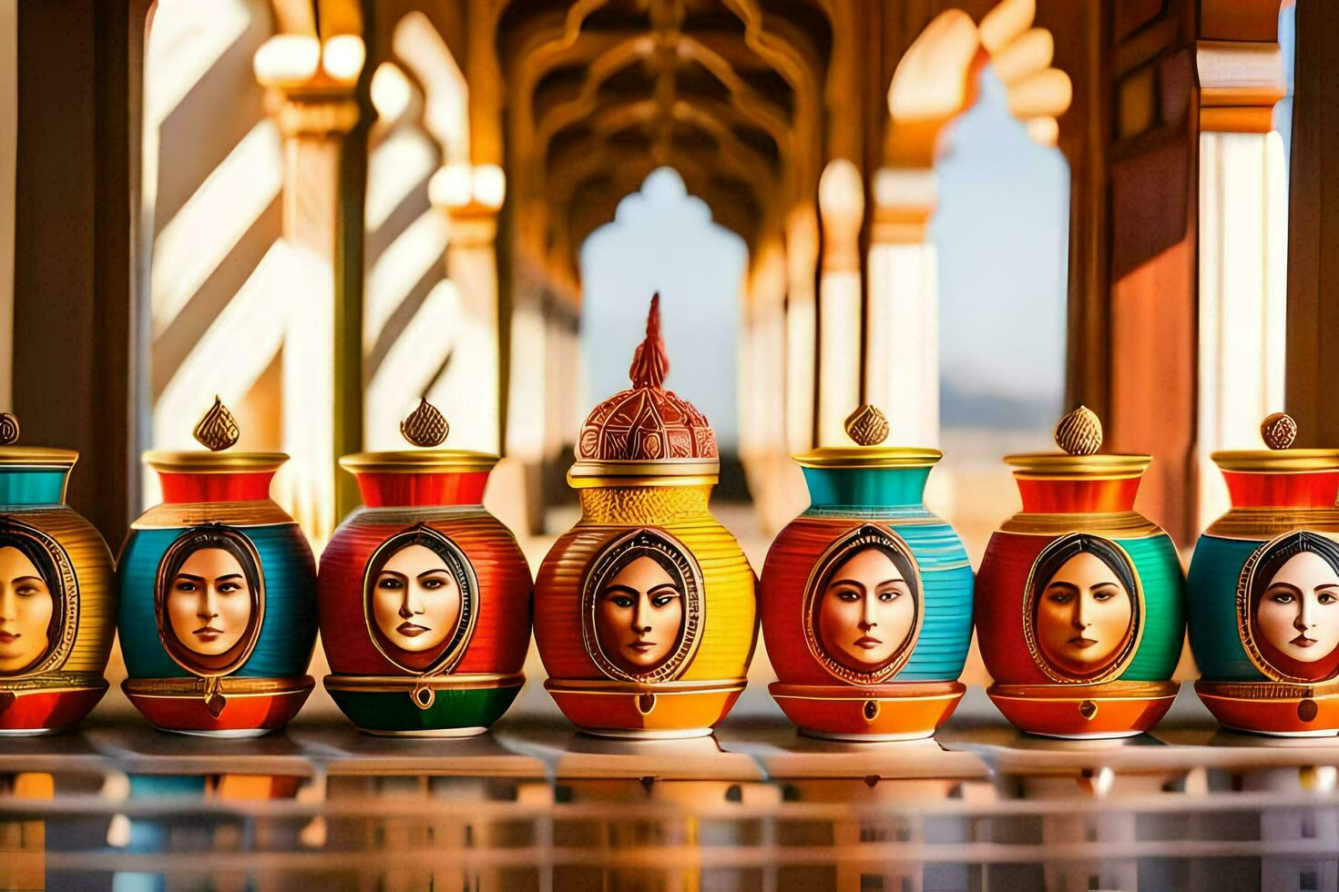 a row of colorful vases with faces painted on them. AI-Generated photo