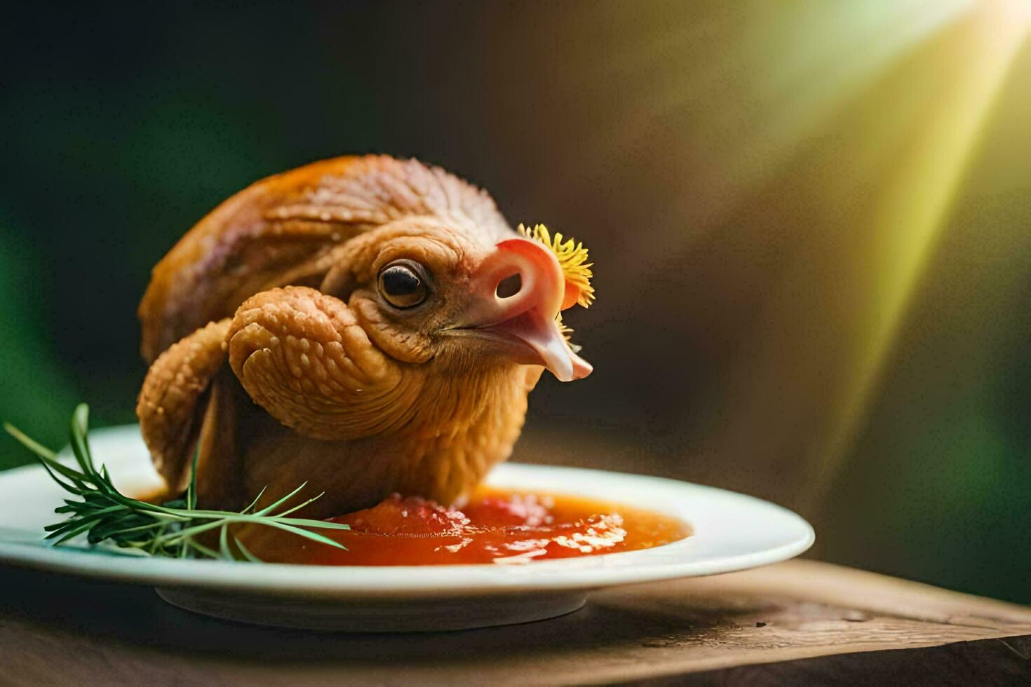 a chicken is sitting on a plate with tomato sauce. AI-Generated photo