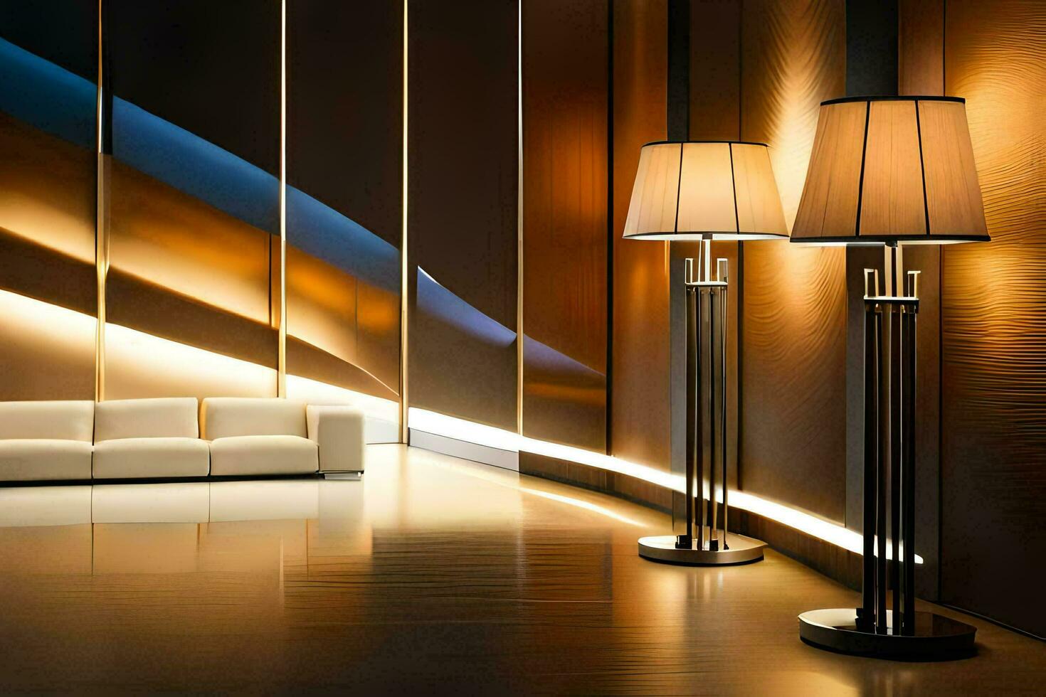 the lobby of a hotel with two lamps. AI-Generated photo