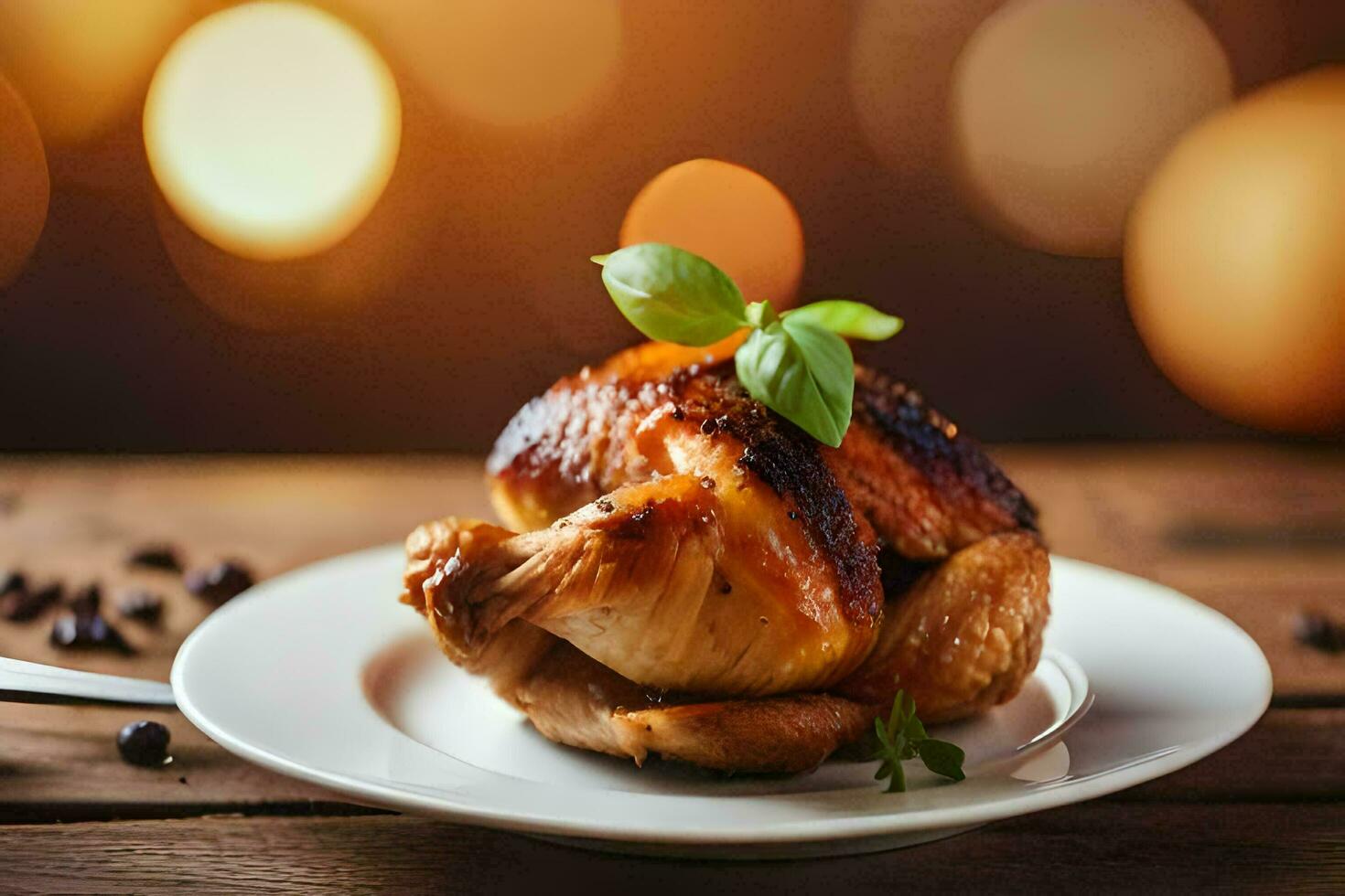 a roasted chicken on a plate with a fork and knife. AI-Generated photo