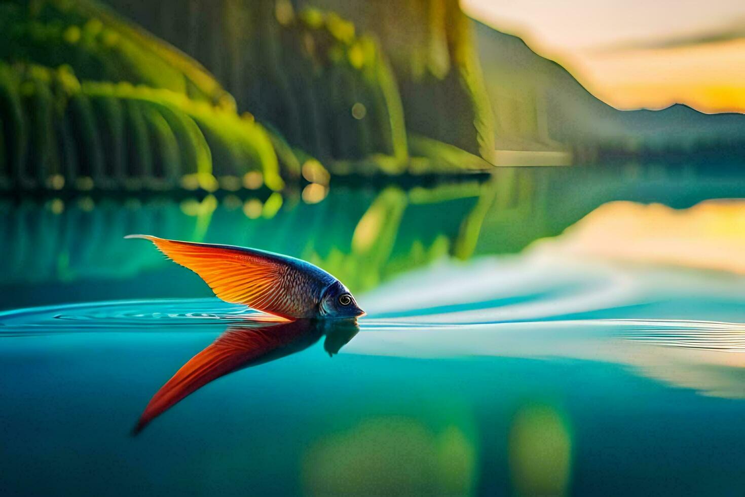 a fish is floating in the water at sunset. AI-Generated photo