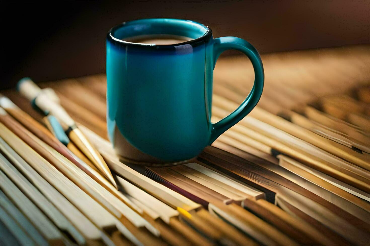 a blue mug with chopsticks sitting on a bamboo table. AI-Generated photo