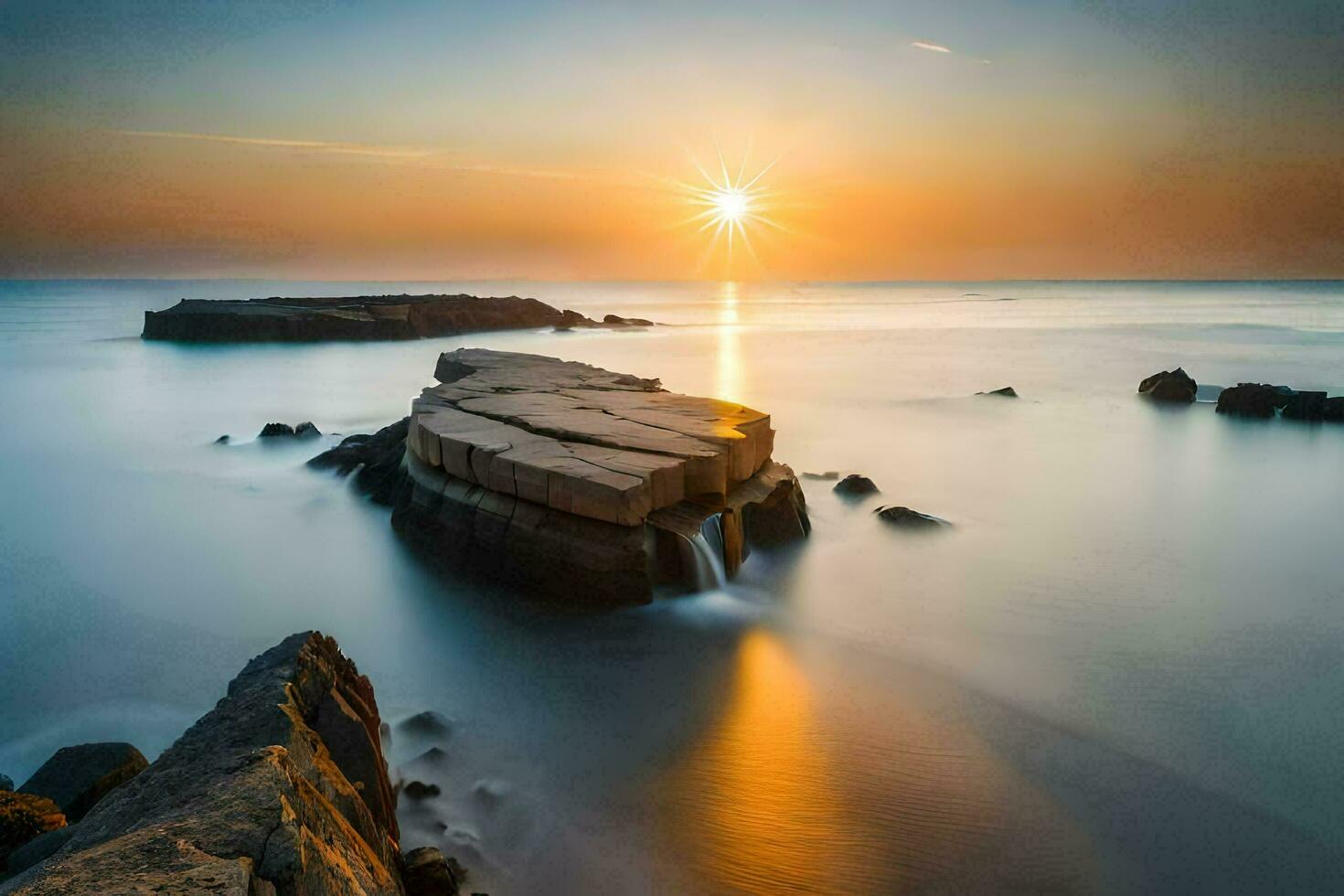 the sun rises over the ocean in this long exposure photograph. AI-Generated photo