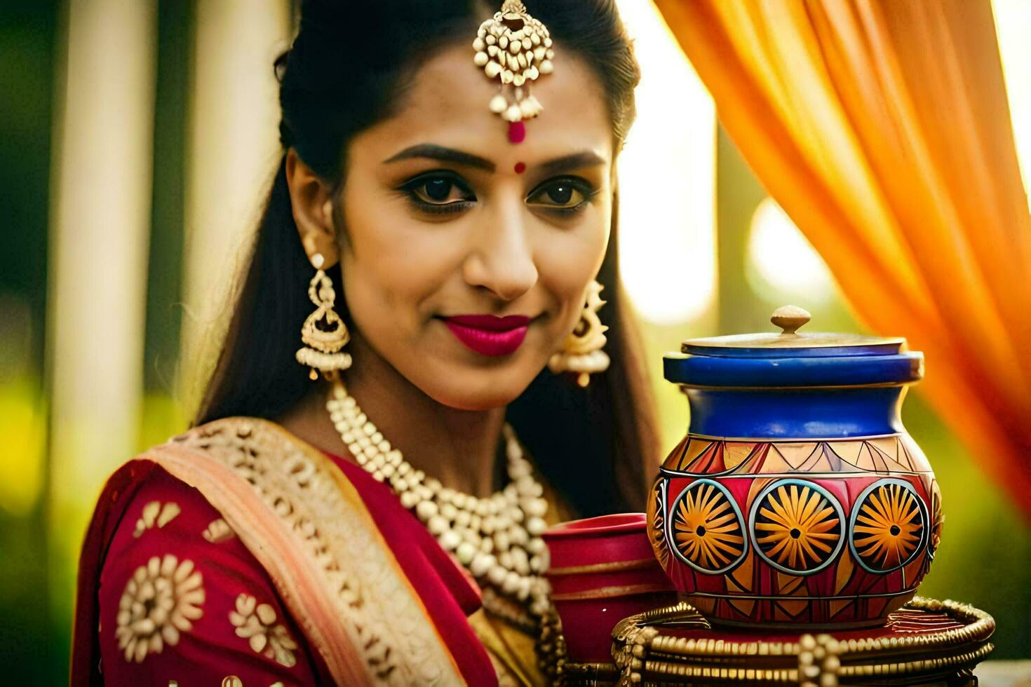 a beautiful indian bride holding a pot. AI-Generated photo