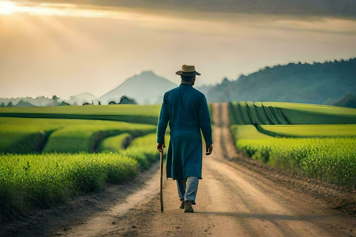 a man in a blue suit walks down a dirt road in a field. AI-Generated photo