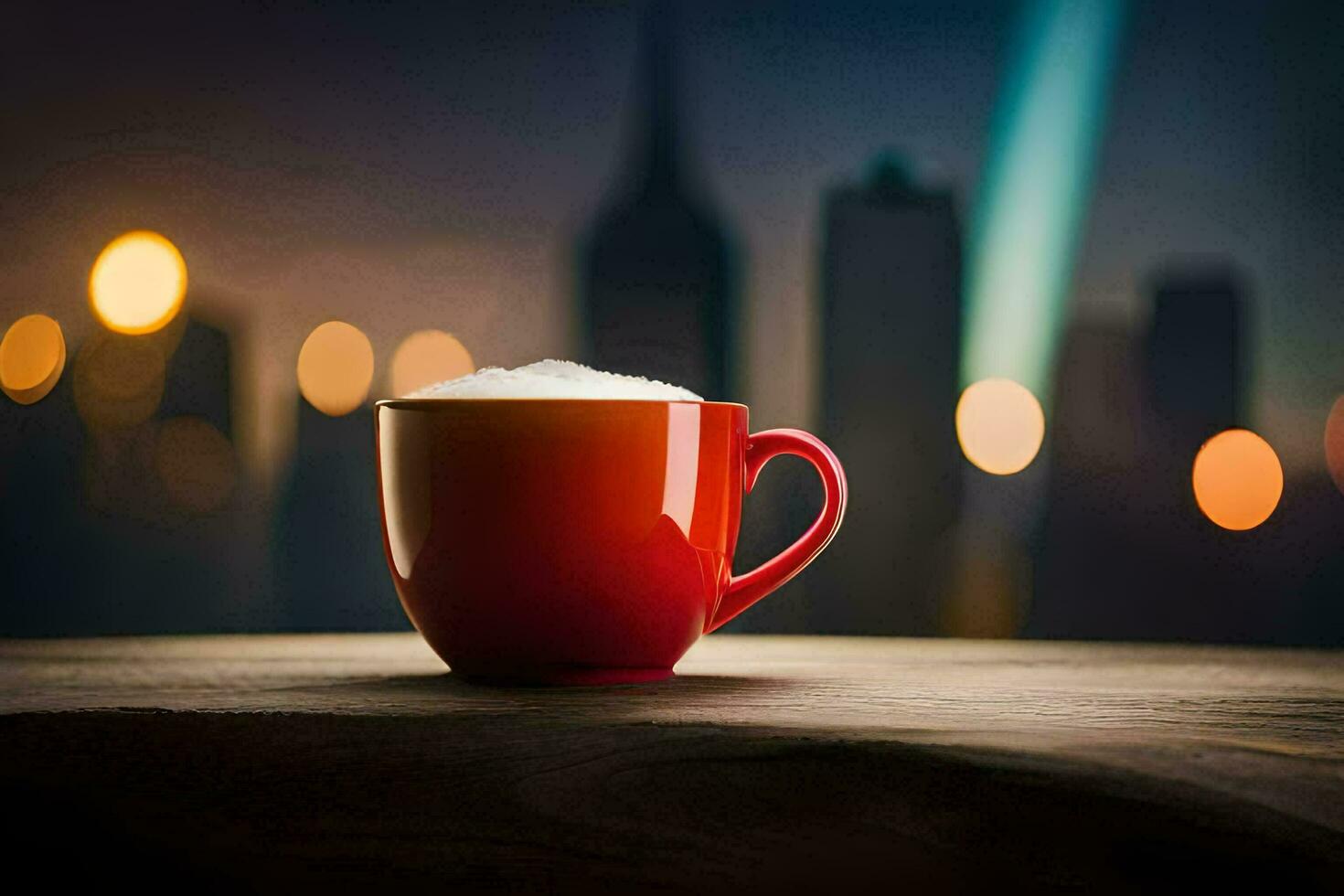 a red cup of coffee on a wooden table in front of a cityscape. AI-Generated photo