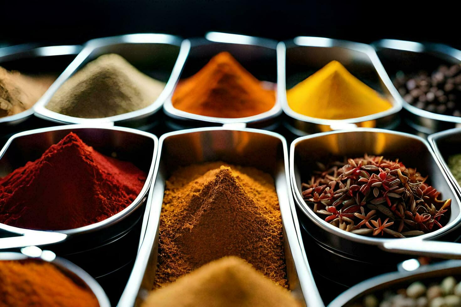 a variety of spices in metal bowls. AI-Generated photo