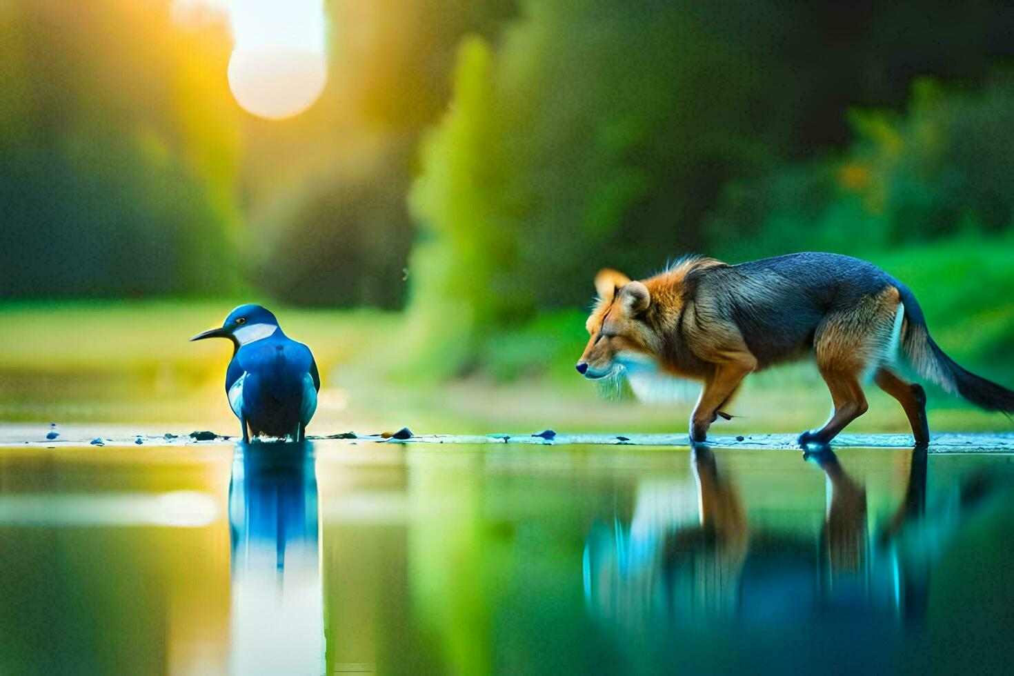 un zorro y un pájaro en pie en el agua. generado por ai foto