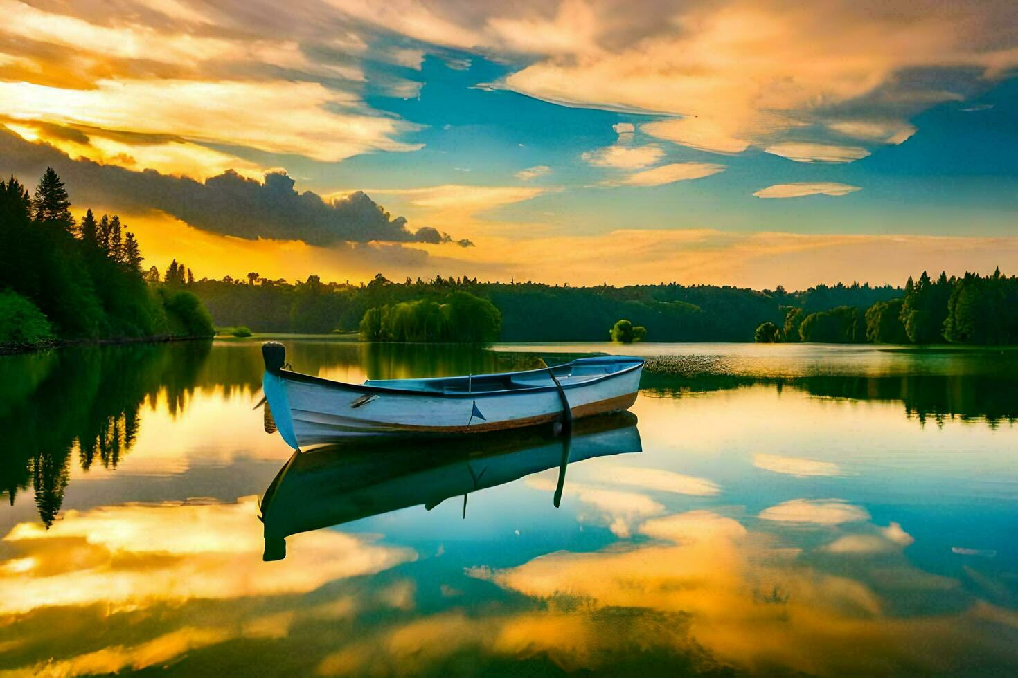 a boat sits on the calm water at sunset. AI-Generated photo
