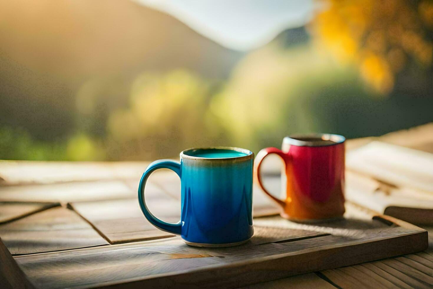 two colorful mugs sit on a wooden table in front of a mountain. AI-Generated photo