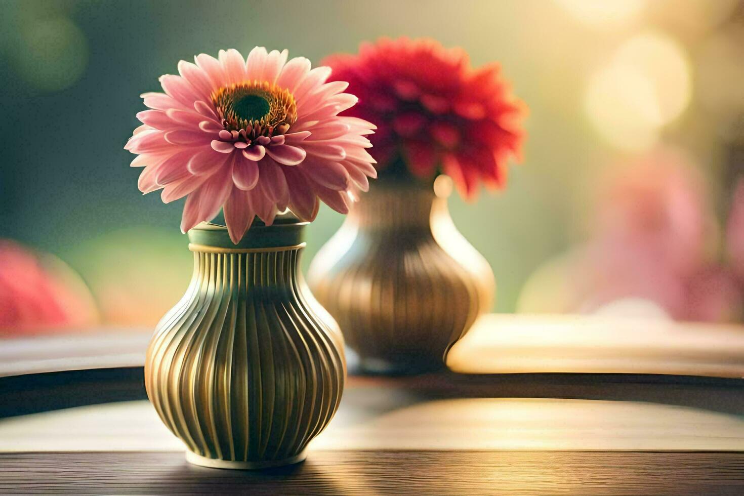 two pink flowers in a vase on a table. AI-Generated photo