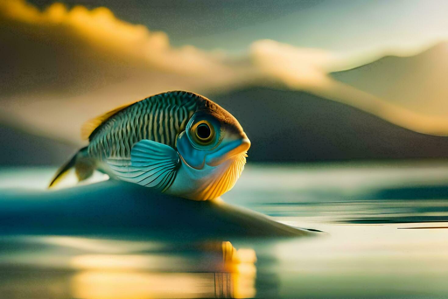 a fish is sitting on the water with a sunset in the background. AI-Generated photo