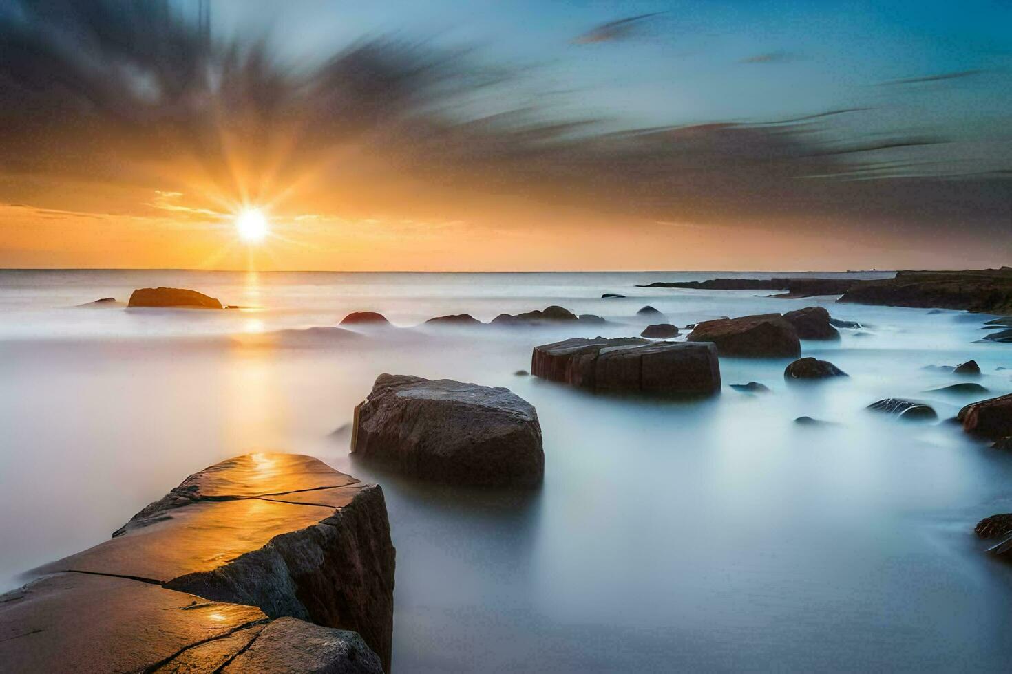 the sun rises over the ocean and rocks in the water. AI-Generated photo