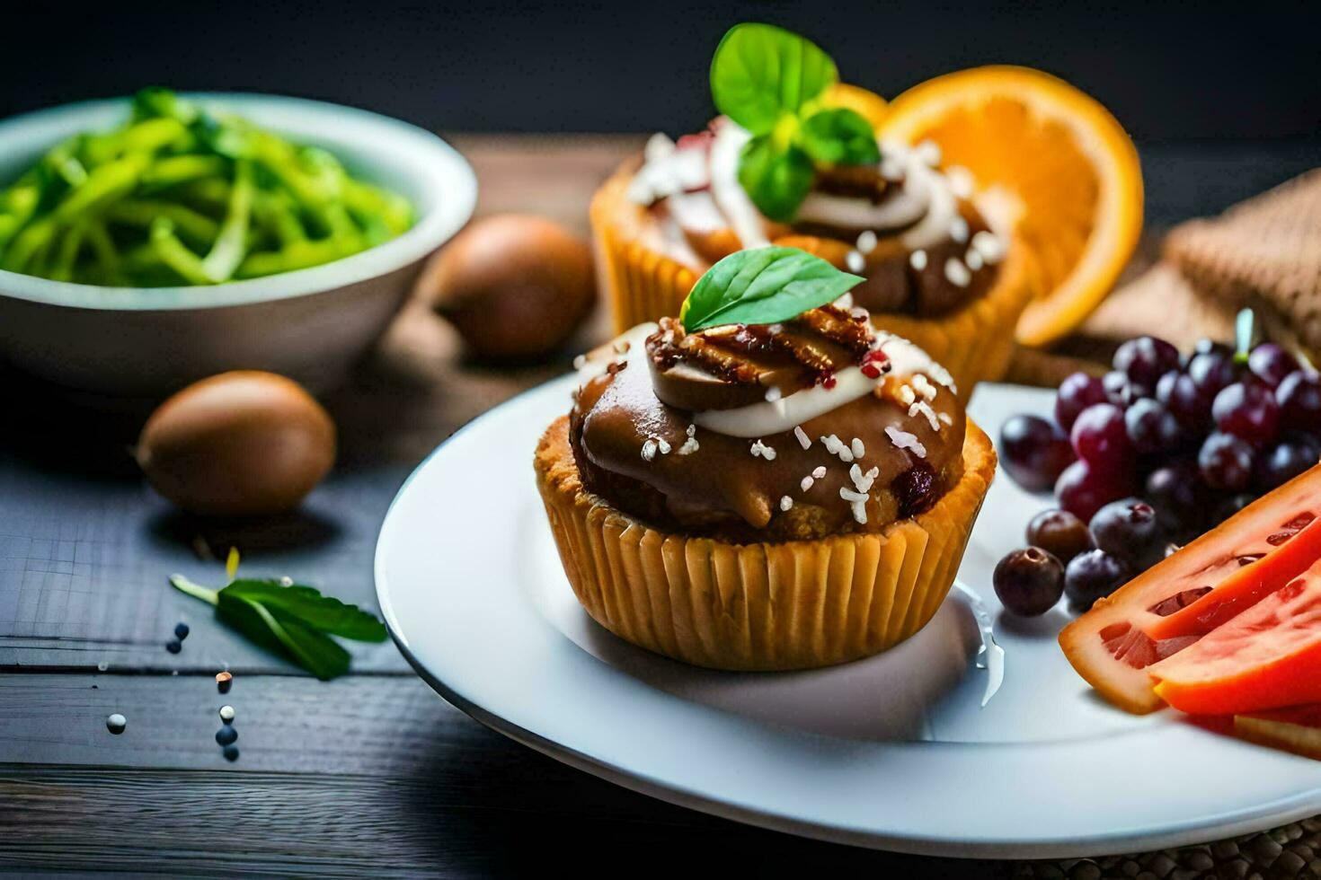 a plate with cupcakes, fruit and vegetables. AI-Generated photo