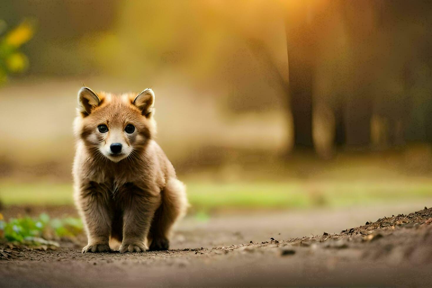 a small brown puppy is standing on a dirt road. AI-Generated photo