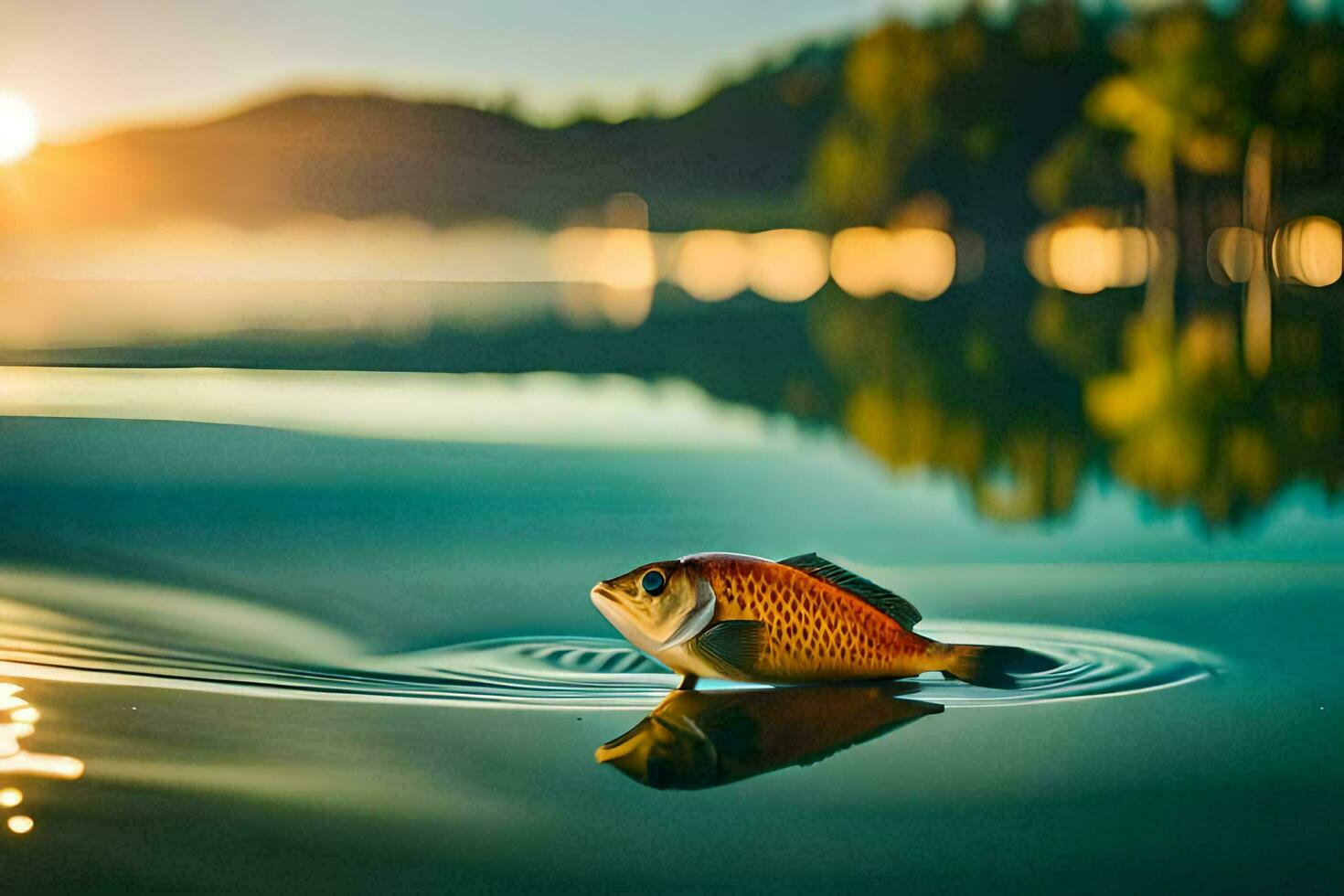 a fish swimming in the water at sunset. AI-Generated photo