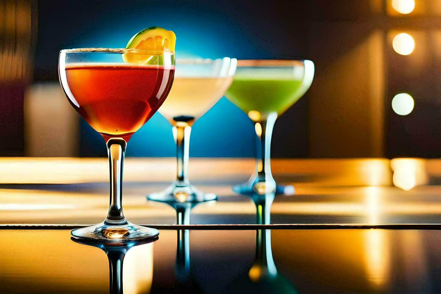 three different colored cocktails on a bar. AI-Generated photo