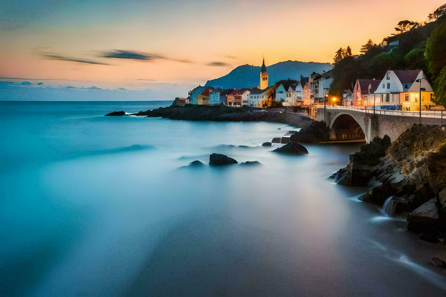 a long exposure photograph of a town on the coast at sunset. AI-Generated photo