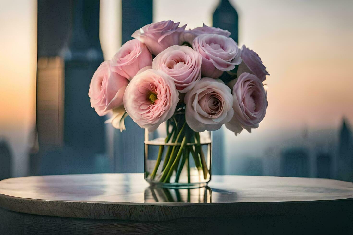pink roses in a vase on a table in front of a city skyline. AI-Generated photo