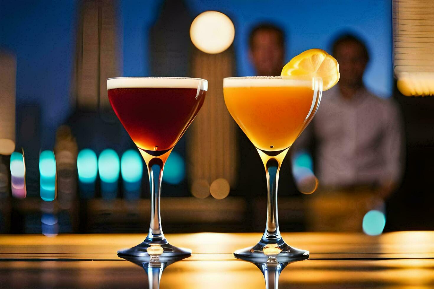 two cocktails sit on a bar with a cityscape in the background. AI-Generated photo