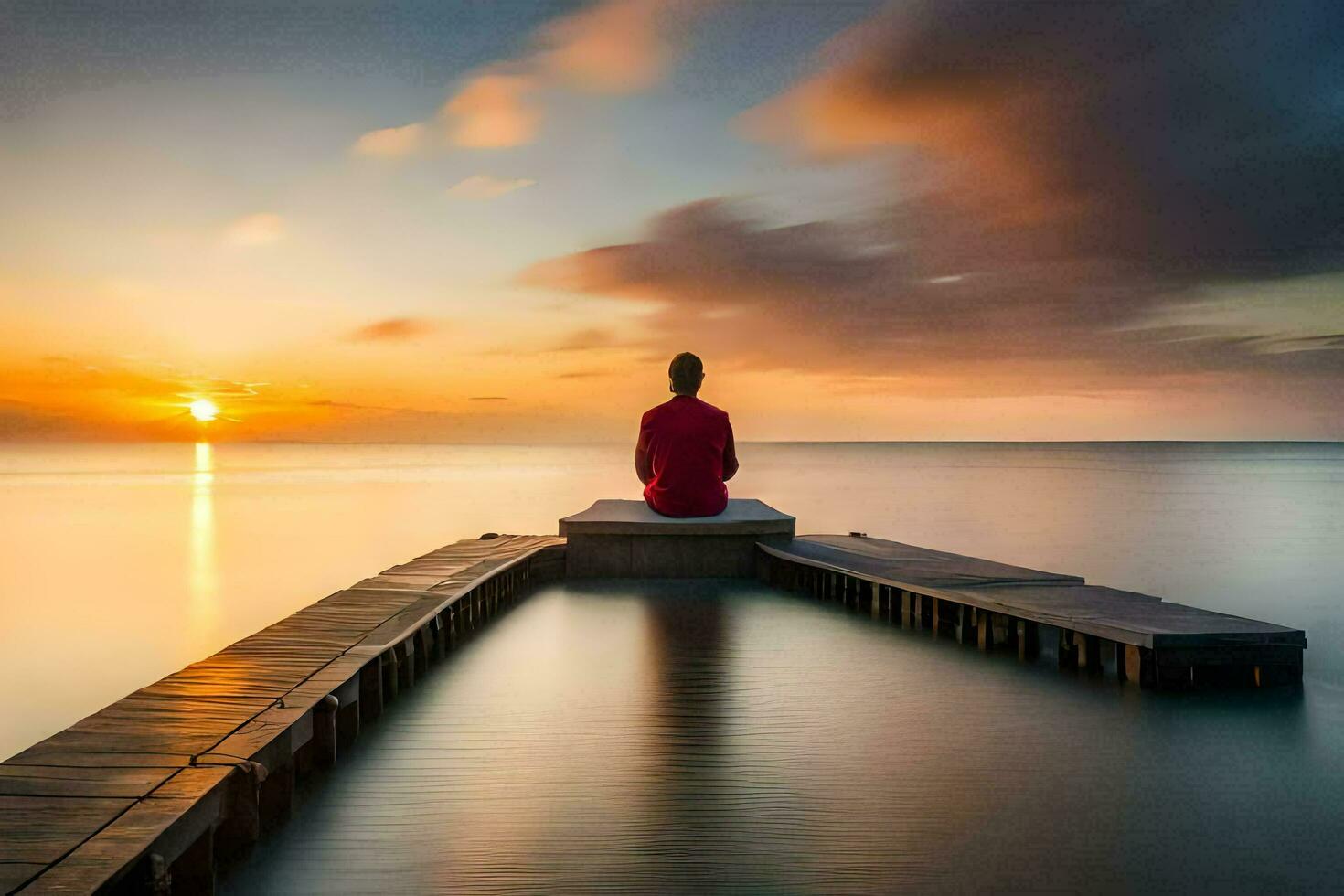 a person sitting on a dock at sunset. AI-Generated photo