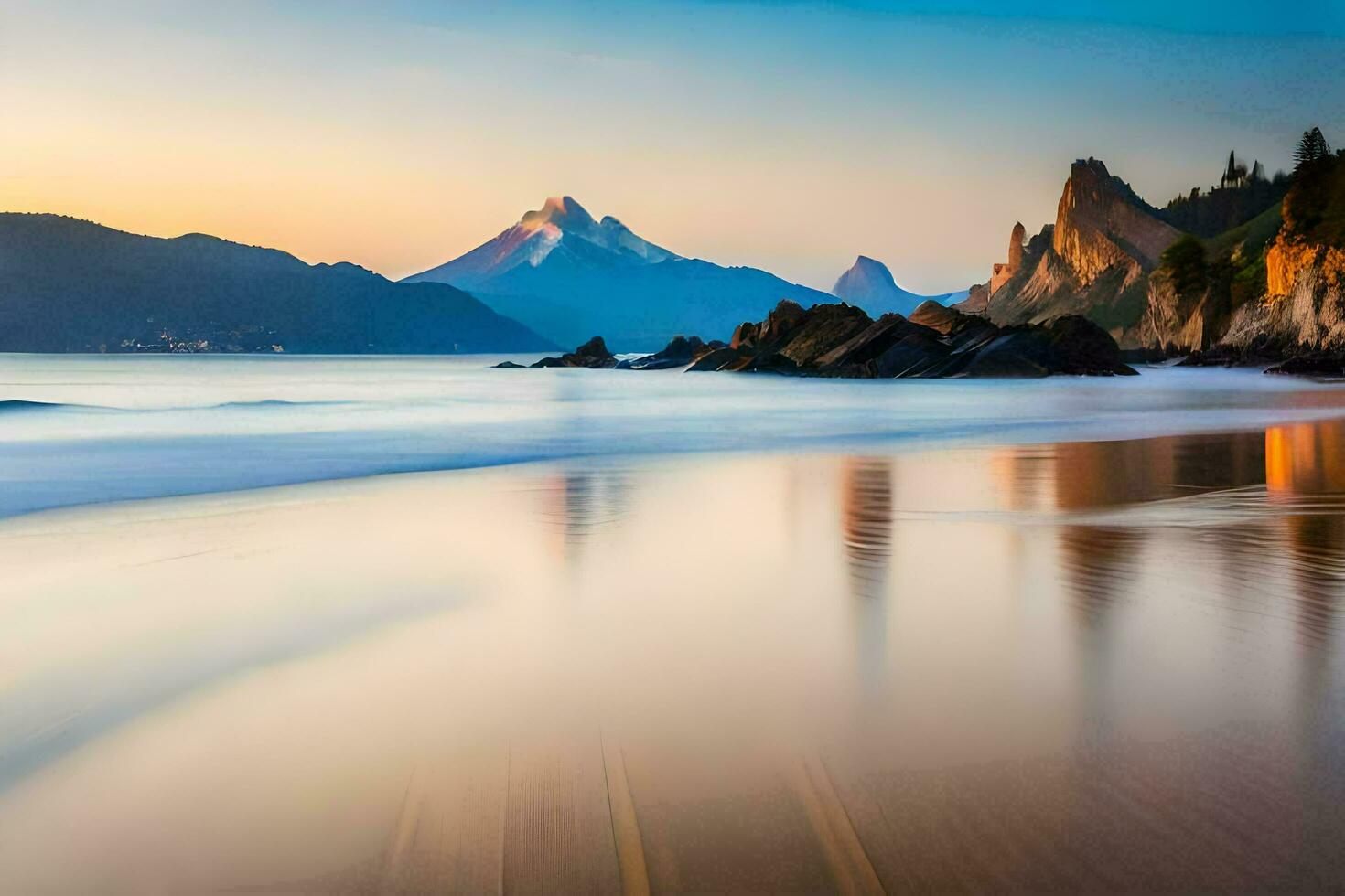 a beach with mountains in the background. AI-Generated photo