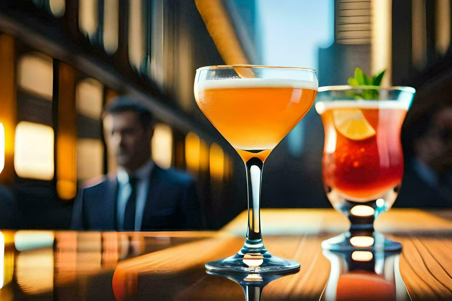 two cocktails sit on a table in front of a man. AI-Generated photo