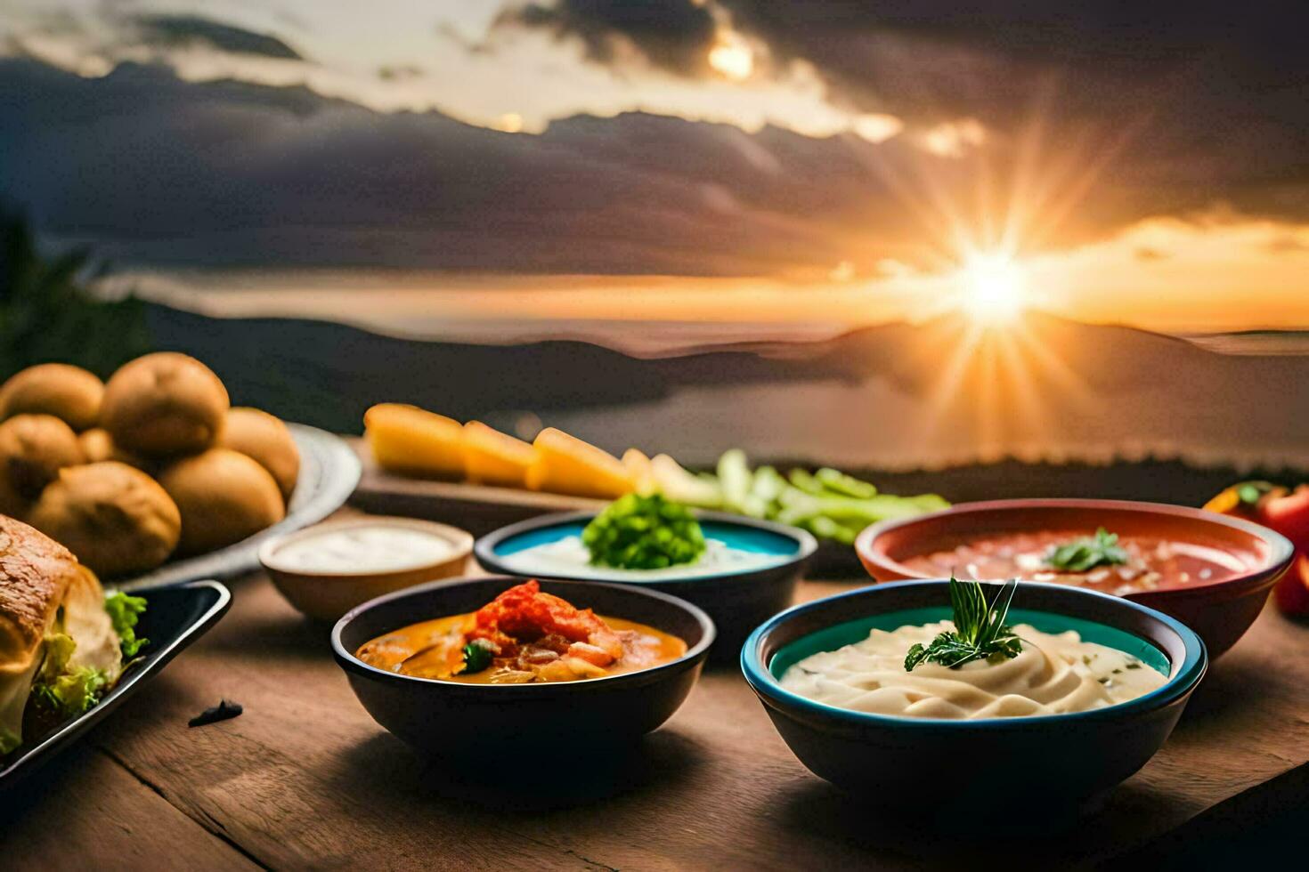 a table with food and drinks on it, with the sun setting behind it. AI-Generated photo