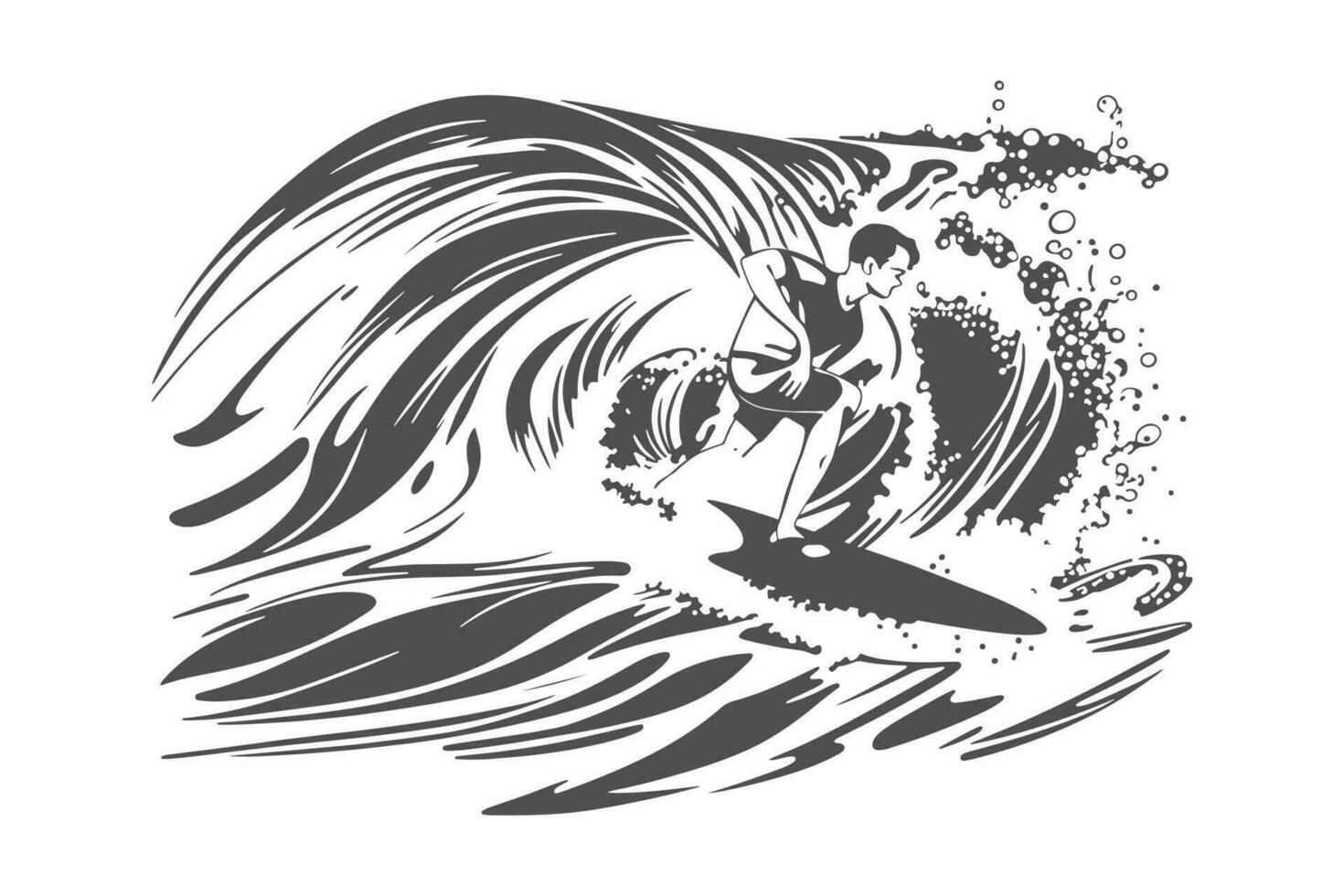 Surfing on a wave in the ocean. Surf rider on big waves. Surfer vector illustration design for t shirt print or club banner.