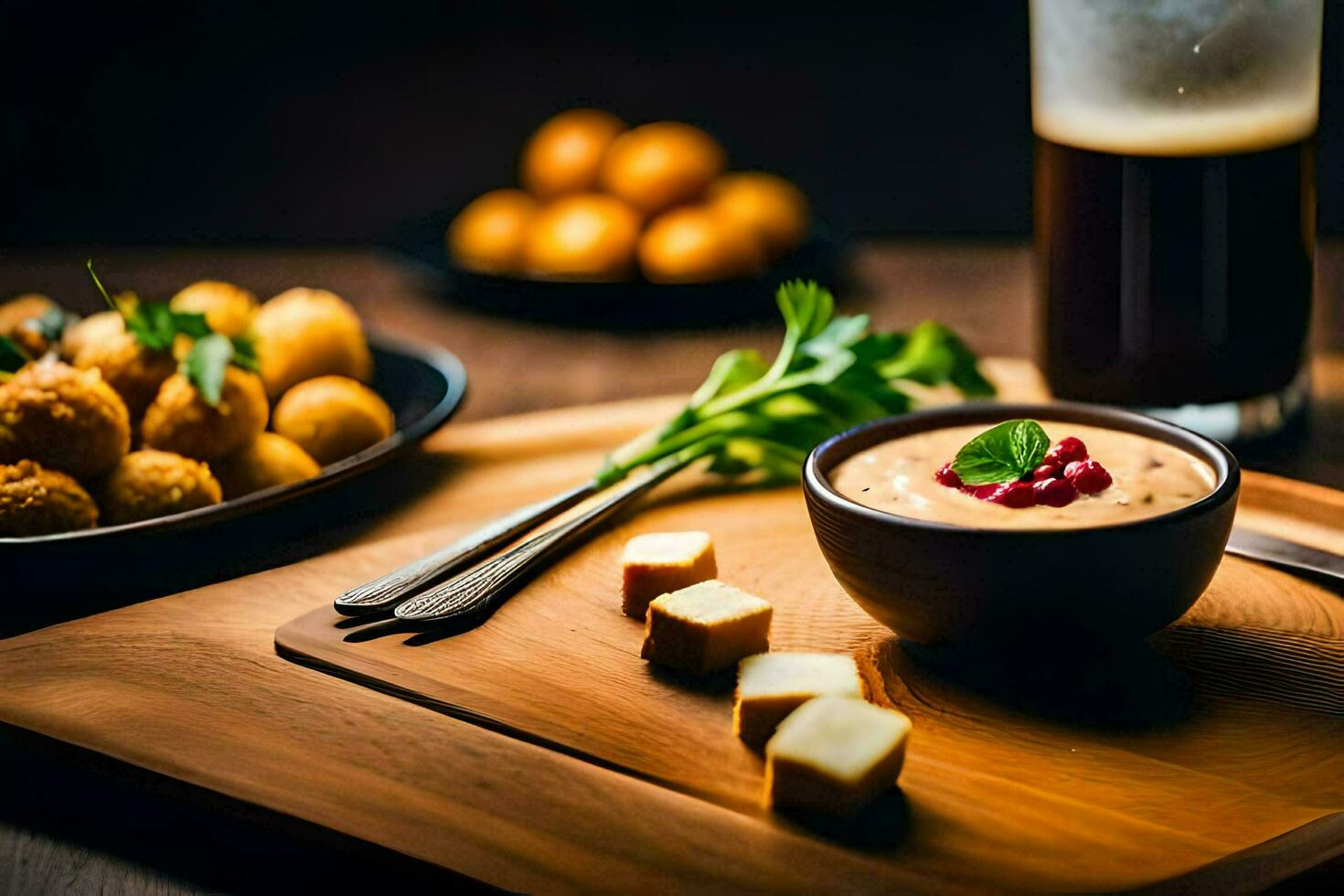 a wooden table with a bowl of dip, bread and cheese. AI-Generated photo