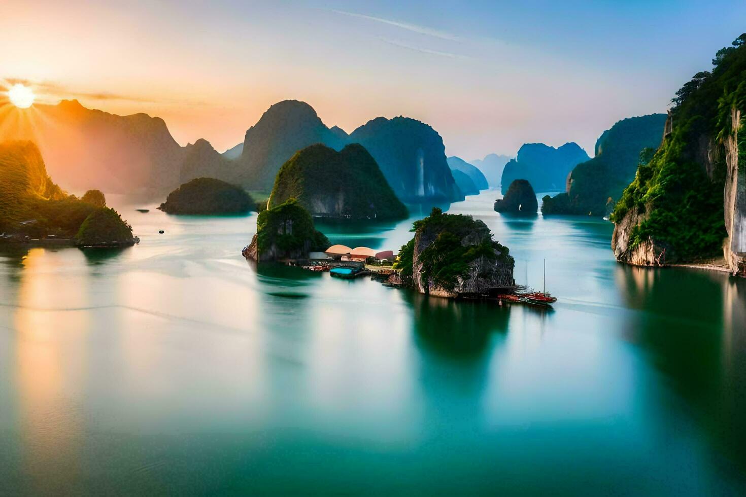 the sun sets over the water in halong bay. AI-Generated photo
