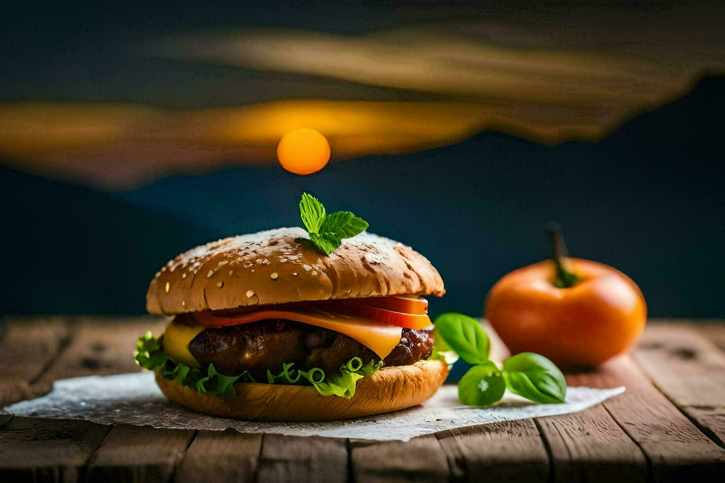 a hamburger with cheese and tomatoes on a wooden table. AI-Generated photo