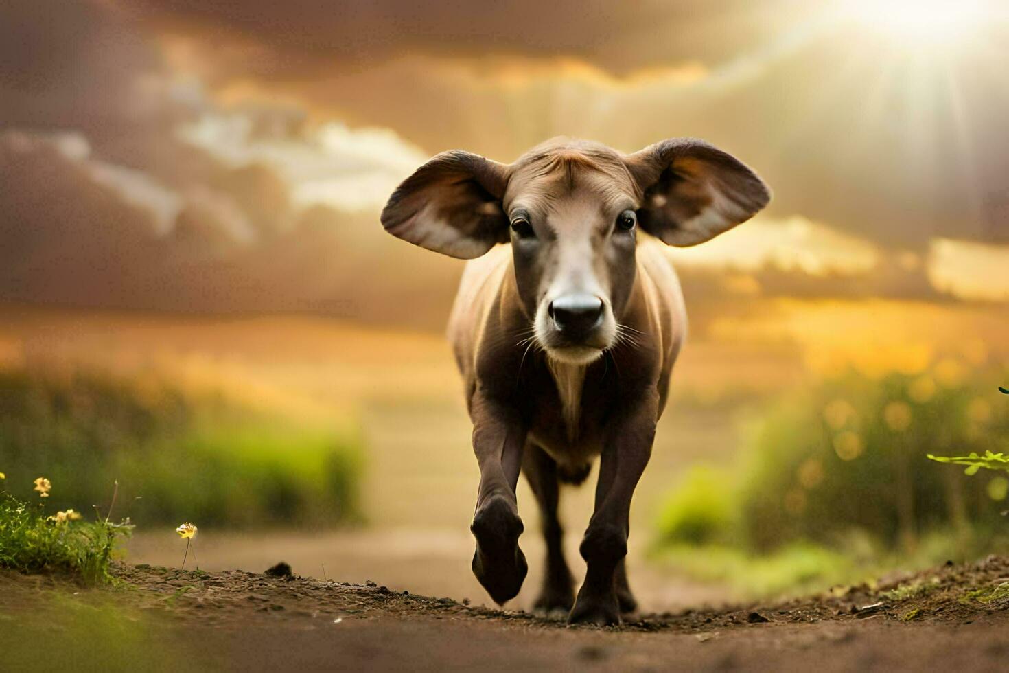 a cow walking on a dirt road with the sun in the background. AI-Generated photo