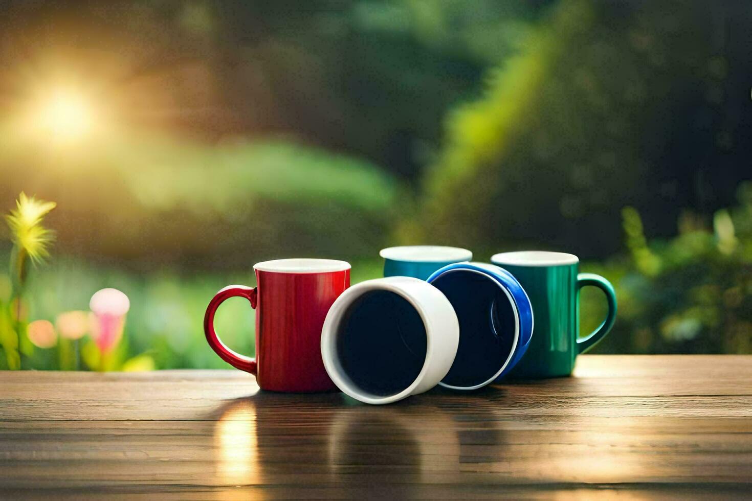 colorful coffee cups on a wooden table. AI-Generated photo