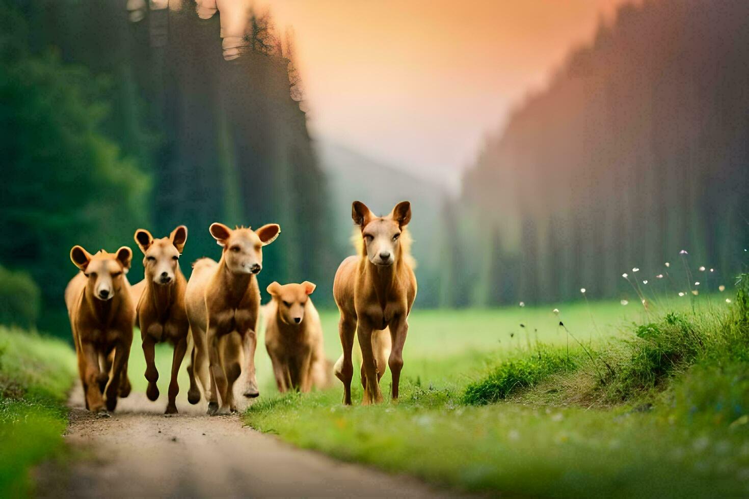 a group of cows walking down a dirt road. AI-Generated photo