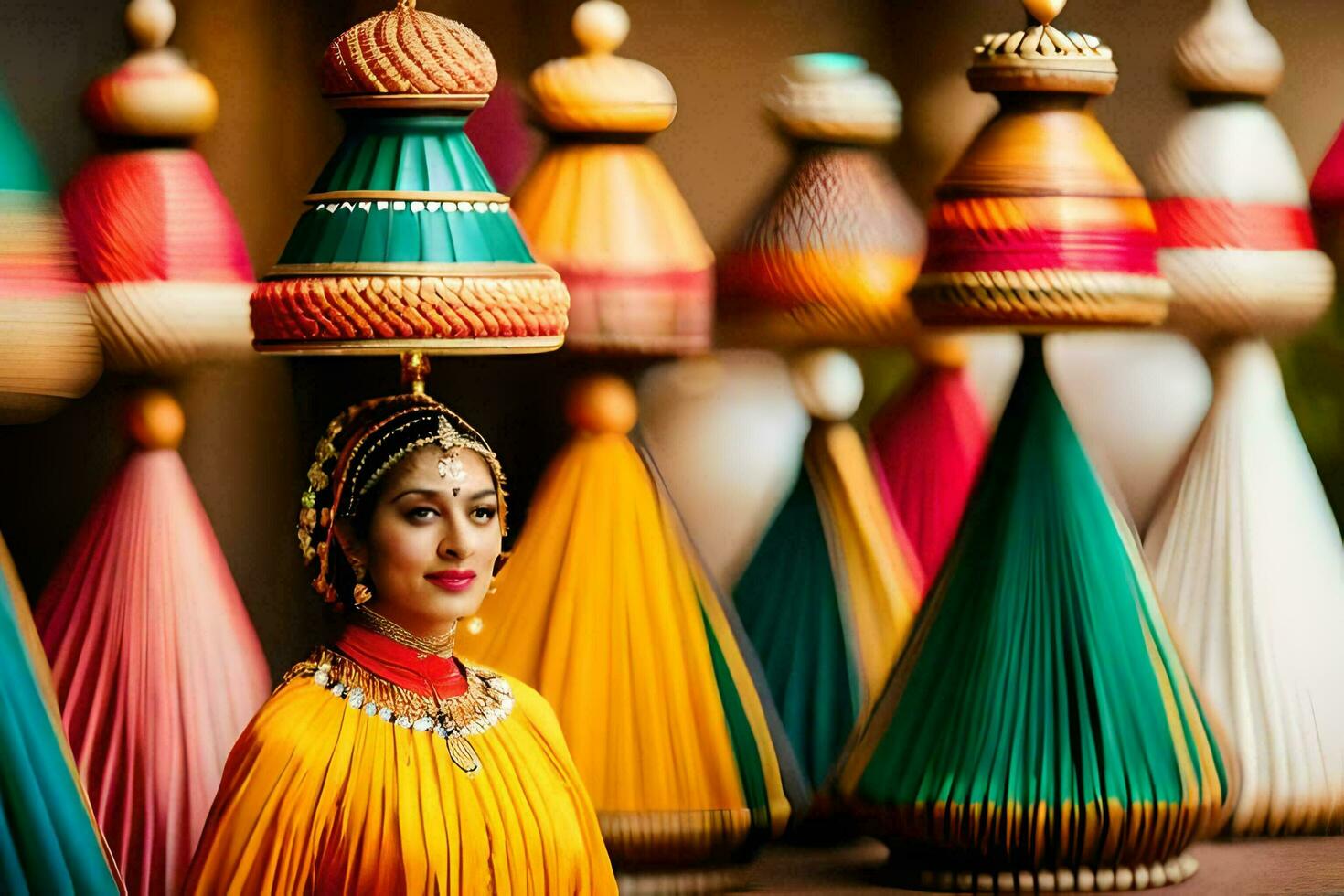 a woman in a colorful dress standing next to colorful hats. AI-Generated photo
